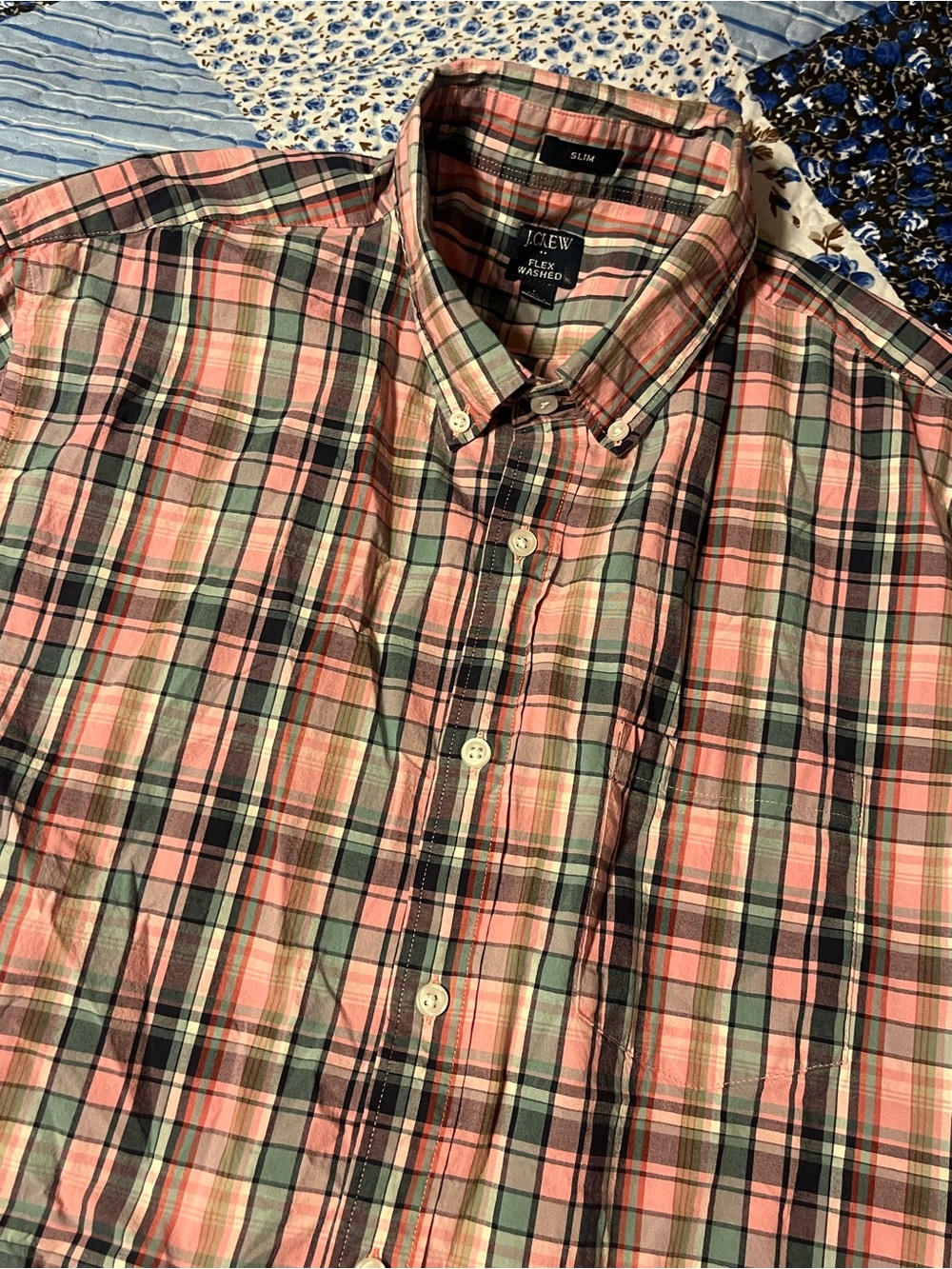 J. Crew Pink and Green Plaid Button-Down Shirt